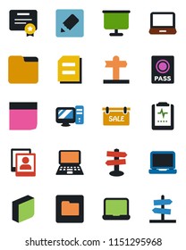 Color and black flat icon set - passport vector, notebook pc, document, pulse clipboard, signpost, laptop, folder, notes, photo gallery, presentation board, blank box, sale, certificate, guidepost