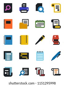 Color and black flat icon set - contract vector, document search, pen, notepad, printer, folder, news, copybook, book, calendar, schedule
