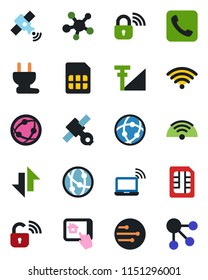 Color and black flat icon set - wireless notebook vector, satellite, network, share, call, sim, data exchange, cellular signal, power plug, lock, home control app, social media