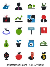 Color and black flat icon set - bomb in case vector, seedling, plant label, greenhouse, pond, fertilizer, important flag, application, point graph, house with tree, fruit, estate agent, apple