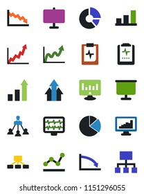 Color and black flat icon set - growth statistic vector, monitor, circle chart, pulse, clipboard, statistics, presentation board, bar graph, pie, point, hierarchy, arrow up, crisis