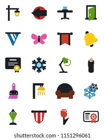 Color and black flat icon set - left arrow vector, pennant, butterfly, garden light, tulip, themes, bell, desk lamp, cushioned furniture, restaurant table, candle, snowflake, outdoor, door, pennon