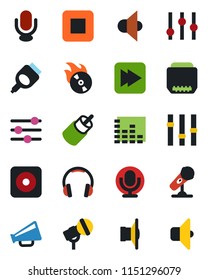 Color and black flat icon set - flame disk vector, microphone, speaker, loudspeaker, settings, equalizer, headphones, stop button, fast forward, rec, rca, hdmi, tuning, sound