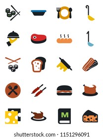 Color and black flat icon set - cafe vector, menu, bacon, waiter, bread, chicken, steak, kebab, hamburger, ladle, bowl, rolling pin, sushi, cheese