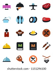 Color and black flat icon set - spoon and fork vector, waiter, dish, restaurant table, serviette, cafe, menu, plates, dress code, steak, kebab, ham, steaming pan, sushi
