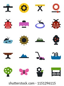 Color and black flat icon set - sun vector, flower in pot, lawn mower, butterfly, lady bug, pond, picnic table, brightness, pool, fruit tree, mountains, restaurant, alcove