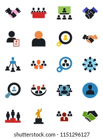 Color and black flat icon set - handshake vector, hierarchy, pedestal, team, patient, user, company, hr, meeting, client search, consumer, group