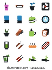 Color and black flat icon set - hot cup vector, seedling, diet, fridge, drink, phyto bar, bacon, bread, kebab, dog, fan, palm sproute