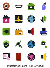 Color and black flat icon set - mouse vector, printer, house, earth, shield, satellite, network, rewind, phone back, data exchange, download, mail, hot dog, home control, web camera, app, sound