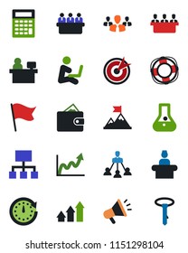 Color and black flat icon set - reception vector, meeting, manager place, hierarchy, target, group, arrow up graph, motivation, wallet, clock, growth, flask, flag, calculator, crisis management, tie