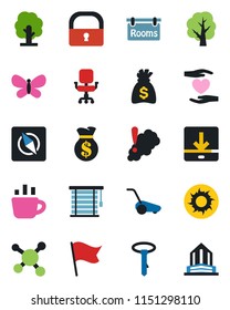 Color and black flat icon set - money bag vector, coffee, tree, lawn mower, butterfly, sun, heart hand, molecule, download, compass, lock, office chair, rooms, smoke detector, jalousie, flag, tie