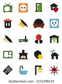 Color and black flat icon set - plan vector, estate agent, bathroom, cushioned furniture, sweet home, fireplace, tv, rolling pin, eco house, socket, remote control, router, outdoor lamp, garage gate