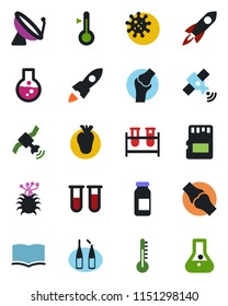 Color and black flat icon set - satellite antenna vector, book, blood test vial, ampoule, real heart, joint, virus, sd, thermometer, rocket, flask