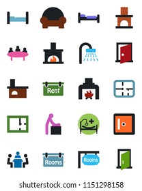 Color and black flat icon set - baby room vector, bed, shower, checkroom, meeting, fireplace, hospital, plan, rent, rooms, bedroom, cushioned furniture, door