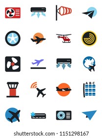 Color and black flat icon set - airport tower vector, plane radar, departure, wind, helicopter, seat map, globe, air conditioner, fan, paper
