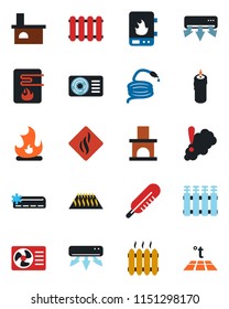 Color and black flat icon set - fire vector, hose, fireplace, thermometer, heater, air conditioner, candle, water, smoke detector, radiator, warm floor