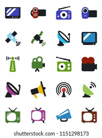 Color and black flat icon set - antenna vector, satellite, radio, loudspeaker, tv, video camera