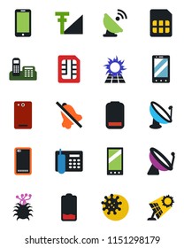 Color and black flat icon set - satellite antenna vector, mobile phone, virus, low battery, back, sim, mute, cellular signal, office, sun panel