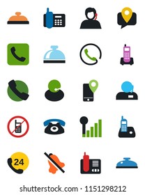Color and black flat icon set - no mobile vector, reception bell, office phone, 24 hours, support, tracking, radio, call, mute, cellular signal