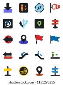 Color and black flat icon set - elevator vector, escalator, signpost, left arrow, wind, radar, route, pin, download, place tag, compass, flag, guidepost