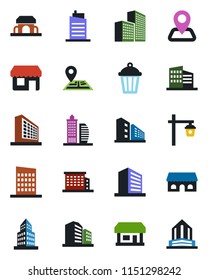 Color and black flat icon set - office building vector, garden light, navigation, store, city house, cafe, storefront
