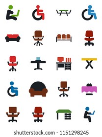 Color and black flat icon set - waiting area vector, disabled, office chair, desk, picnic table, cushioned furniture, restaurant, man with notebook