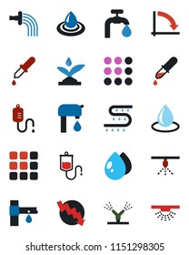 Color and black flat icon set - crisis graph vector, watering, water drop, drip irrigation, dropper, menu, supply, sprinkler