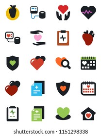 Color and black flat icon set - heart vector, pulse, diagnosis, blood pressure, diagnostic, shield, hand, real, medical calendar, clipboard, sweet home
