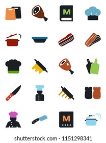 Color and black flat icon set - cook vector, hat, menu, bacon, salt and pepper, ham, bowl, rolling pin, cutting board, knife, steaming pan