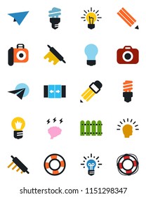 Color and black flat icon set - automatic door vector, brainstorm, bulb, camera, pencil, fence, rolling pin, energy saving, shining head, idea, paper plane, crisis management