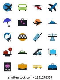 Color and black flat icon set - plane vector, runway, taxi, suitcase, baggage trolley, airport bus, umbrella, passport, ladder car, helicopter, luggage scales, globe, mountains, case