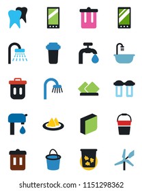 Color and black flat icon set - trash bin vector, shower, bucket, tooth, mobile, blank box, water supply, bathroom, serviette, filter, windmill