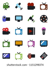 Color and black flat icon set - tv vector, reel, satellite, video camera, remote control, monitor