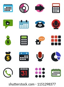 Color and black flat icon set - right arrow vector, calendar, circle chart, microphone, menu, calculator, phone, home message, money bag