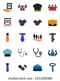 Color and black flat icon set - handshake vector, team, tie, document, stethoscope, meeting, cook hat, case