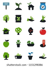 Color and black flat icon set - flower in pot vector, seedling, tree, sproute, plant label, fertilizer, fruit, salad, apple, eco house, palm