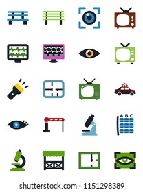 Color and black flat icon set - barrier vector, tv, alarm car, seat map, bench, monitor pulse, microscope, eye, torch, plan, alcove, scan