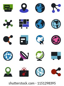 Color and black flat icon set - satellite antenna vector, bomb in case, globe, plane, earth, pin, consolidated cargo, network, share, news, social media