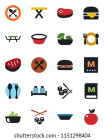 Color and black flat icon set - spoon and fork vector, picnic table, cafe, menu, salad, salt pepper, steak, hamburger, bowl, sushi, apple fruit