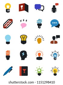 Color and black flat icon set - speaking man vector, pen, brainstorm, bulb, dialog, wine card, hot dog, energy saving, shining head, idea