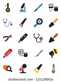 Color and black flat icon set - trowel vector, pruner, saw, stethoscope, blood pressure, thermometer, heart diagnostic, microscope, scalpel, microphone