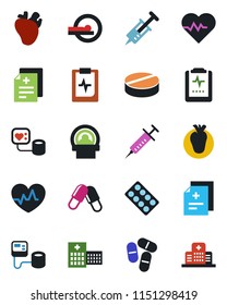 Color and black flat icon set - heart pulse vector, diagnosis, syringe, blood pressure, pills, blister, tomography, real, clipboard, hospital