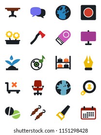 Color and black flat icon set - luggage storage vector, saw, axe, pills, earth, no trolley, message, record, music, presentation board, ink pen, client search, table, flower in pot, kebab, usb flash