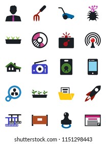 Color and black flat icon set - fence vector, bomb in case, circle chart, garden fork, lawn mower, seedling, virus, film frame, radio, antenna, cell phone, speaker, document folder, stamp, rocket