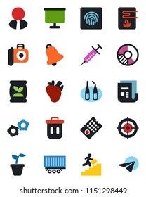 Color and black flat icon set - gear vector, circle chart, seedling, fertilizer, syringe, ampoule, real heart, truck trailer, camera, news, bell, fingerprint id, presentation board, target