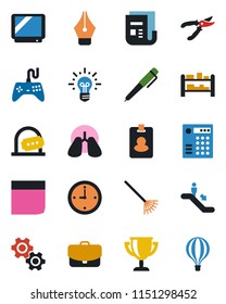 Color and black flat icon set - escalator vector, ticket office, rake, pruner, lungs, rack, news, gamepad, tv, clock, ink pen, blank box, gear, combination lock, pass card, idea, case, award cup