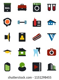 Color and black flat icon set - graduate vector, stamp, house, blood test vial, barbell, tooth, support, camera, speaker, radio phone, video, battery, case, identity card, with garage, mailbox