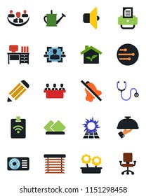 Color and black flat icon set - desk vector, pencil, printer, watering can, stethoscope, network, mute, company, hr, meeting, air conditioner, flower in pot, waiter, serviette, eco house, sound