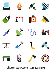 Color and black flat icon set - barrier vector, passport control, desk, shovel, garden knife, axe, stethoscope, satellite antenna, camera, rca, ink pen, paper tray, ladle, rolling pin, remote