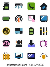 Color and black flat icon set - radar vector, 24 hours, consolidated cargo, tv, settings, battery, call, sd, download, face id, monitor statistics, heater, smart home, wireless, air conditioner
